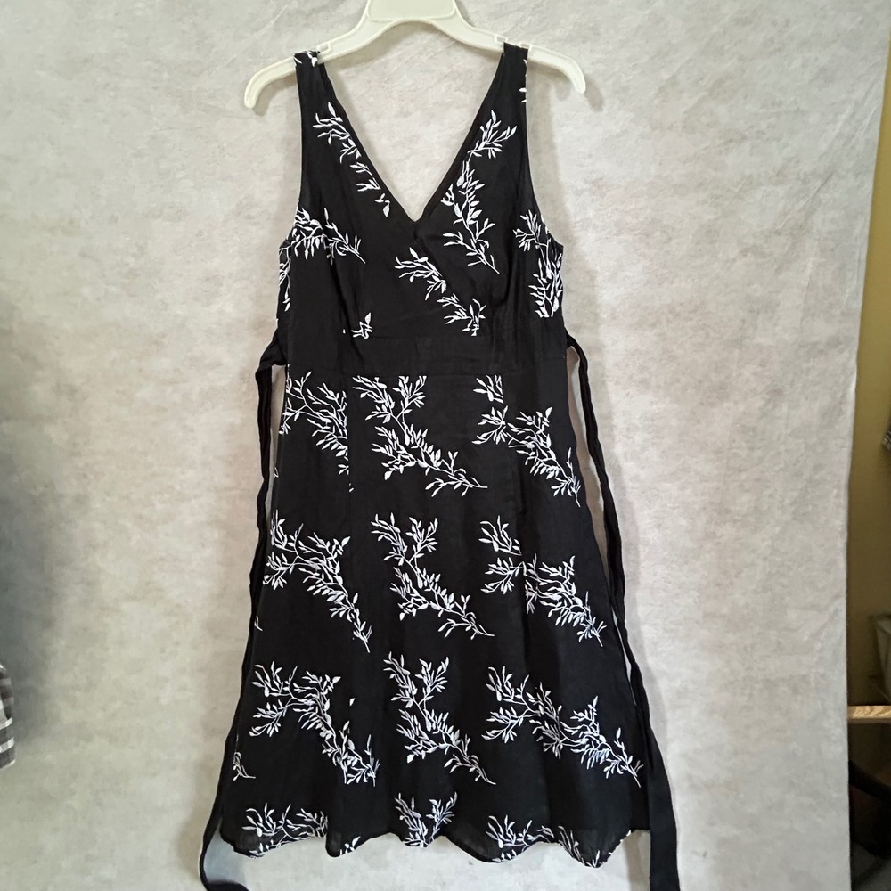 Peter Nygard Petites Black 100% Linen Embroidered Leaf Midi Dress 12P 31009556